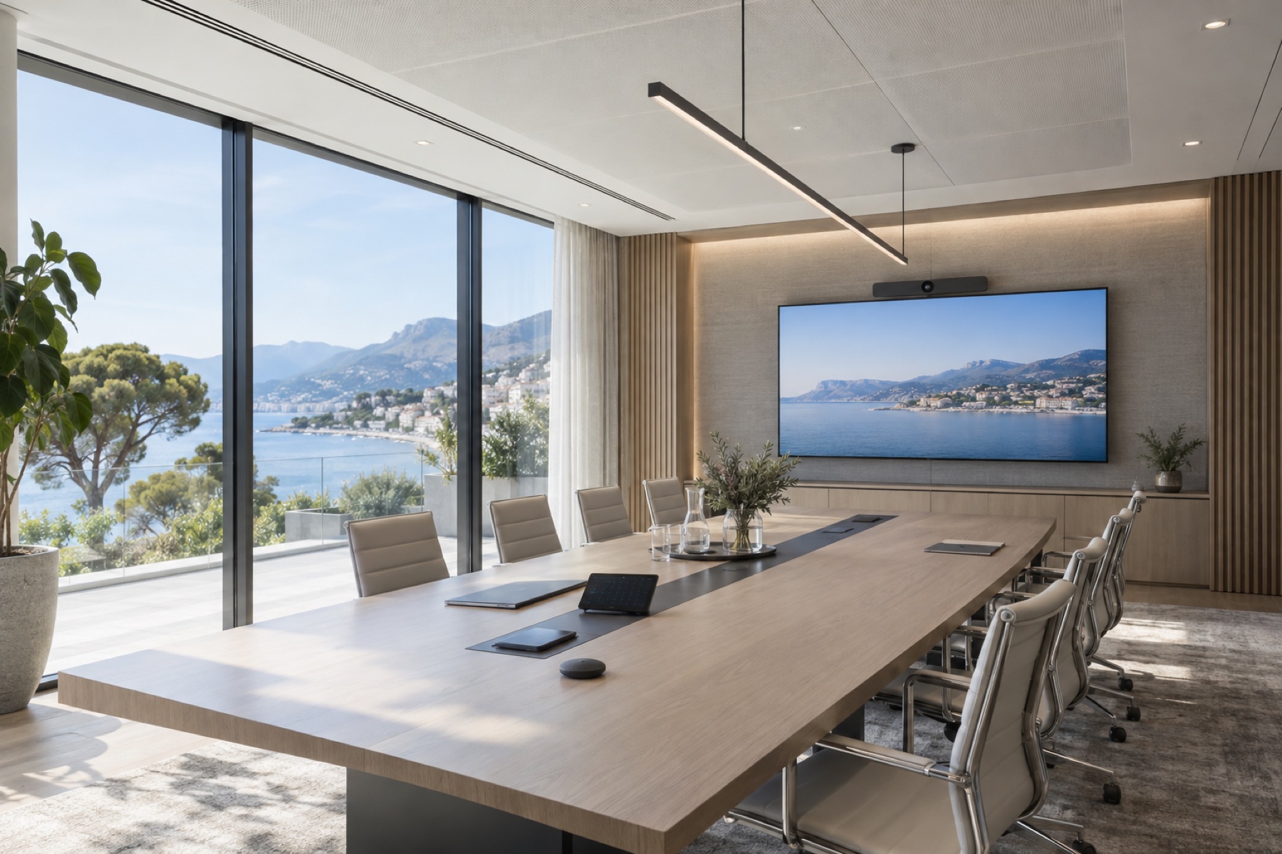 Salle de réunion équipée pour la visioconférence et le travail hybride